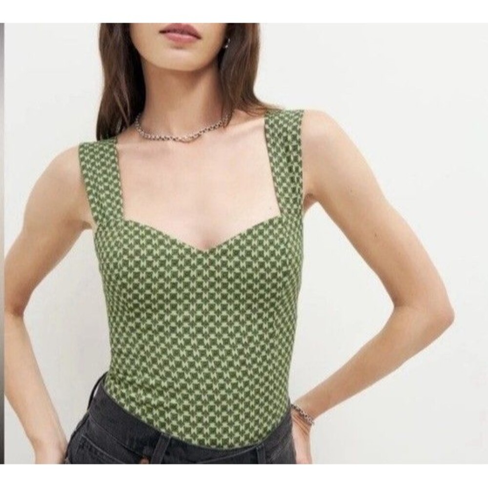 Reformation Hester Top in Piccolo Green Check - Sweetheart Neck-Size 4